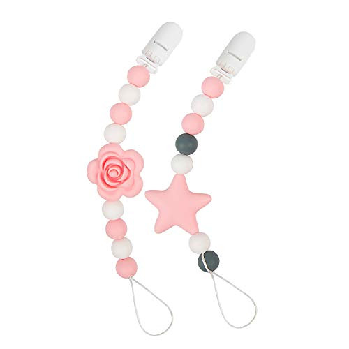 ALVABABY Pacifier Clip for Girls BPA Free Silicone Pacifier Holder Teething Beads Binky Holder for Teether Toys Soothie 2 Pack Rose and Star SP03
