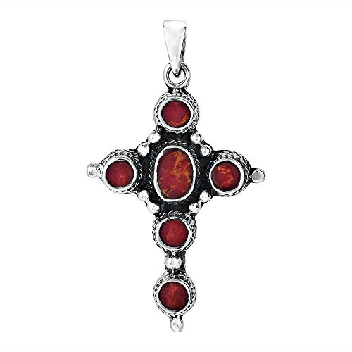 Intricate Inlay Circle of Faith Cross Reconstructed Red Coral 925 Sterling Silver Pendant Intricate Inlay Circle of Faith Cross Reconstructed Red Coral 925 Sterling Silver Pendant