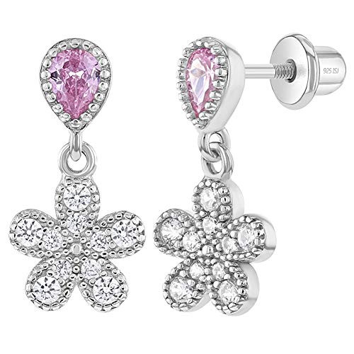 925 Sterling Silver Girls Pretty Flower Dangles Clear Pink Cubic Zirconia Screw Back Locking Earrings Daily Wear Earrings for Young Girls Preteens 925 Sterling Silver Girls Pretty Flower Dangles Clear Pink Cubic Zirconia Screw Back Locking Earrings Daily Wear Earrings for Young Girls Preteens
