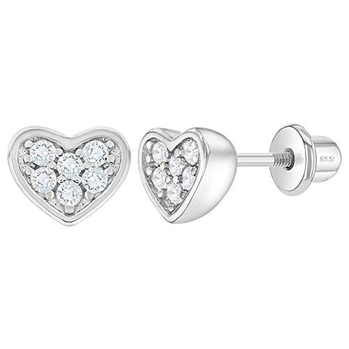 925 Sterling Silver Small Clear CZ Heart Love Screw Back Earrings for Girls Kids