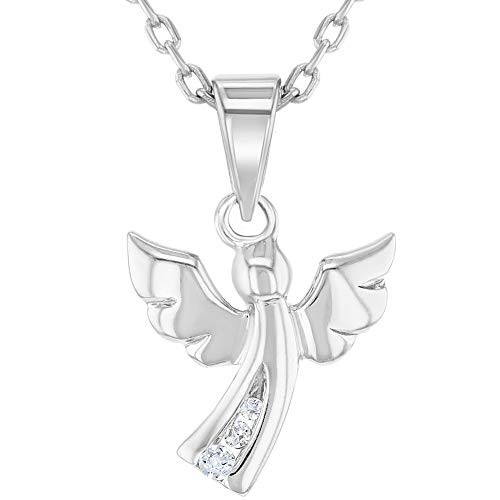 925 Sterling Silver Clear CZ Guardian Angel Necklace Pendant for Children 16