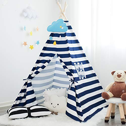Teepee Tent for Kids Horizontal Stripe Play Tent for Boy Girl Indoor Outdoor Cotton Canvas Children Teepee with Carrying Bag Blue Stripe Teepee Tent for Kids Horizontal Stripe Play Tent for Boy Girl Indoor Outdoor Cotton Canvas Children Teepee with Carrying Bag Blue Stripe