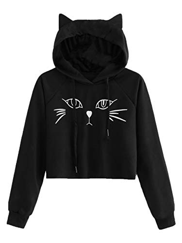 SweatyRocks Womens Long Sleeve Hoodie Crop Top Cat Print Pullover Sweatshirt Black#1 L