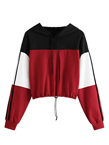 SweatyRocks Womens Casual Long Sleeve Colorblock Pullover Hoodie Sweatshirt Crop Top Black Red Medium