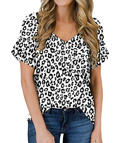 PrinStory Womens Casual Tops Short Sleeve VNeck Shirts Leopard Print Loose Blouse Basic Tee TShirt PantherWhite US L
