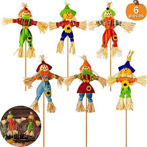 6 Pieces Halloween Scarecrow Decoration Small Scarecrow Decorations Fall Harvest Standing Scarecrow Decor for Autumn Halloween Garden Home Yard Porch Decoration