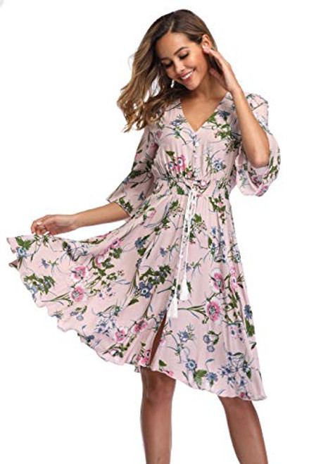 VintageClothing Womens Floral Sundresses Flowy Boho Summer Casual Beach Dress Button Up Midi Party Dress L