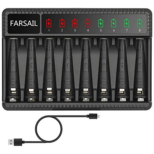 Rechargeable AA AAA Batteries Charger FARSAIL 8Bay 12V NiMH AA  AAA Battery Charger with USB Port Set