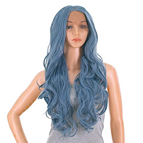 SWACC Long Curly Wavy Colored Glueless Lace Front Wigs for Women Middle Part Natural Heat Resistant Synthetic Hair Replacement Wig Dark Teal Blue