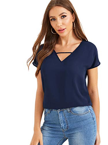 SweatyRocks Womens Casual Chiffon V Neck Solid Short Sleeve Blouse Top Navy XS