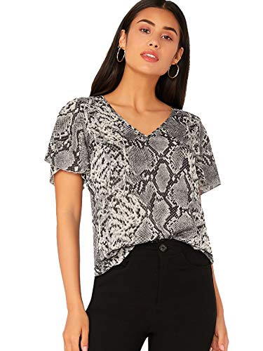 SweatyRocks Womens Casual Short Sleeve V Neck Snakeskin Chiffon Blouse Shirt Tops Multicoloured L