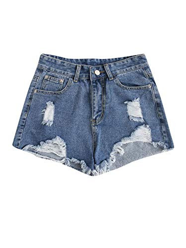 SweatyRocks Womens Casual Ripped Denim Shorts Frayed Raw Hem Jeans Shorts Blue M