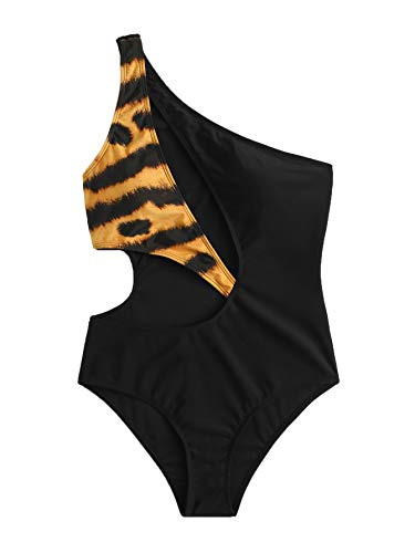 SweatyRocks Womens Bathing Suits One Shoulder Cutout One Piece Leopard Print Swimsuit Black M