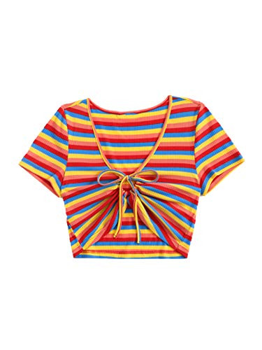 SweatyRocks Womens Casual Self Tie Front Crop Top Short Sleeve Ribbed Knit Striped Top Multicoloured XL