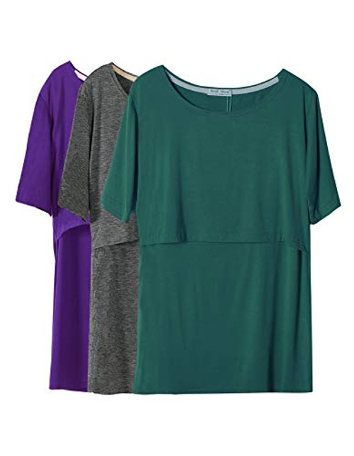 Smallshow 3 Pcs Maternity Nursing TShirt Nursing Tops Dim GreyIndigoGreen Large