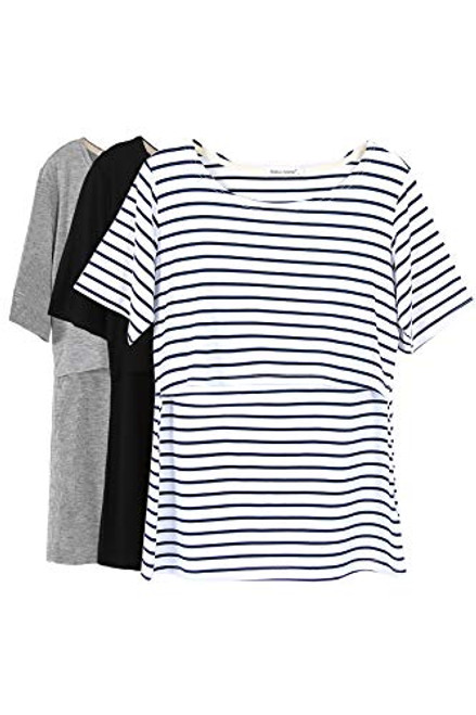 Smallshow 3 Pcs Maternity Nursing TShirt Nursing Tops White StripeBlackGrey XXLarge