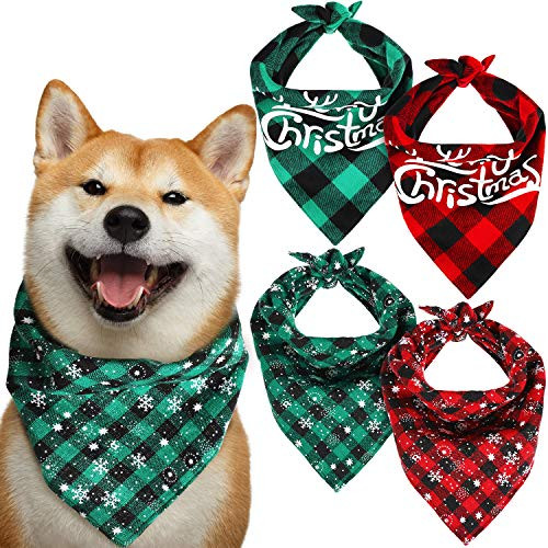 Syhood 4 Piece Christmas Dog Bandanas Kerchief Classic Buffalo Plaid Snowflake Pet Scarf Reversible Triangle Merry Christmas Dog Bandana Bibs for Pet Costume Decoration Accessories