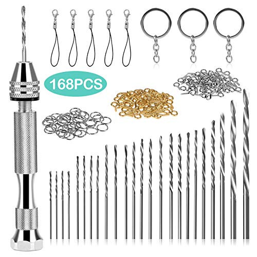168PCS Pin Vise Hand Drill Bits Micro Mini Twist Drill Bits 0830mm with Precision Hand Drill Rotary Tools for Resin Casting Molds Eye Screws for Plastic Wood Keychain Pendant DIY Jewelry Making