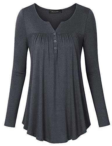 Vinmatto Womens Long Sleeve Henley V Neck Pleated Button Details Tunic Shirt TopMDeep Gray