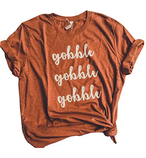 MNLYBABY Gobble Gobble Gobble Thanksgiving TShirt Women Letter Print Short Sleeve Casual Tops Tees Orange