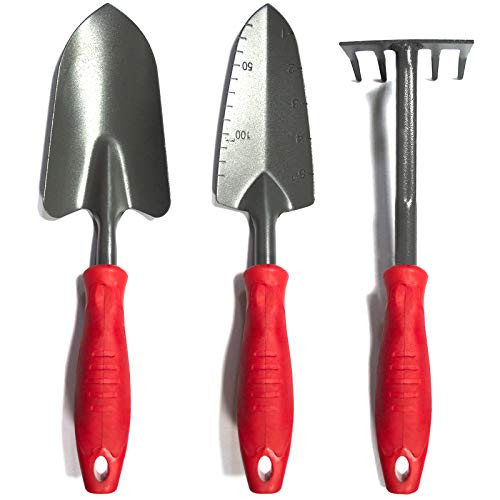 Vaupan Garden Tool Set 3 Pack Garden Hand Shovels Garden Trowels with Ergonomic Rubberized NonSlip Grip Included Trowel Transplant Trowel and Cultivator Hand Rake