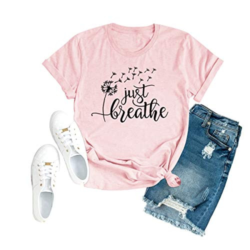 Just Breathe Shirt Women Nature Dandelion Fly Graphic Tees Cute Tees Tops Casual Summer Short Sleeve Tops XL Pink