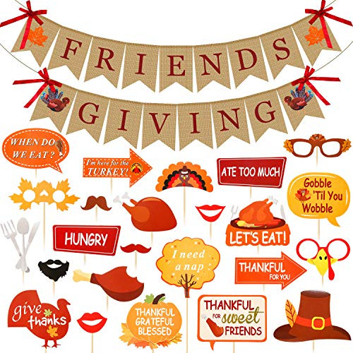 Tatuo 25 Pieces Friendsgiving Party Decoration Kit Friendsgiving Thanksgiving Burlap Banner and 24 Friendsgiving Photo Booth Props Kit for Thanksgiving Friendsgiving Party Supplies