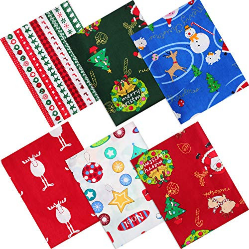 6 Pieces Christmas Cotton Fabric Bundles Fat Quarters Sewing Square Fabric Patchwork Assorted Christmas Tree Precut Santa Claus Cotton Quilting Fabric for Scrap Christmas DIY Sewing Quilting Crafting