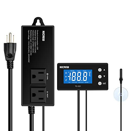 NICREW TC321 LCD Display Temperature Controller PreWired 2Stage Outlet Digital Thermostat with Heating  Cooling Mode for Refrigerator Homebrew Reptile Aquarium Incubation 1100W 110V