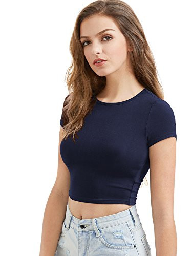 SweatyRocks Womens Basic Short Sleeve Scoop Neck Crop Top Navy Small