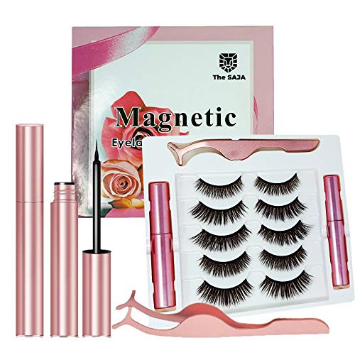 The SAJA Magnetic Eyelashes with Eyeliner Kit 5 Pairs Natural Look Magnetic Lashes 2 Tubes of Waterproof Magnetic Eyeliner Comes With Applicator Reusable  No Glue Needed