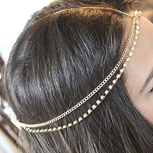 Harosy Crystal Layered Headpiece Gold Gypsy Head Chain Indian Rhinestone Chain Link Headband Jewelry Wedding Prom Festival Hair Chain Accessories for Women and Girls
