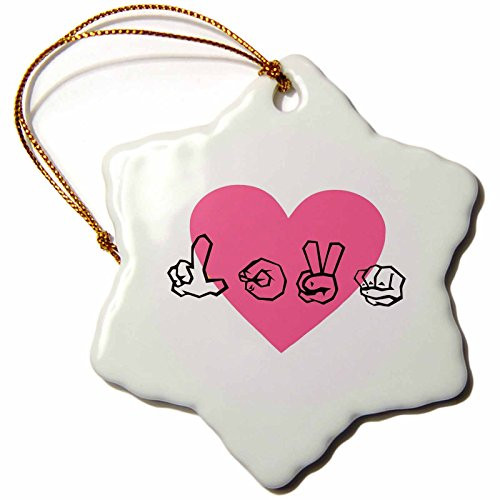 3dRose LLC Sign Language Love with Pink Heart 3-Inch Snowflake Porcelain Ornament