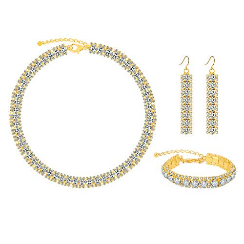 MOOCHI Gold Plated Clear Round Crystal Beads Connected Chain Necklace Earrings Jewelry Set MOOCHI Gold Plated Clear Round Crystal Beads Connected Chain Necklace Earrings Jewelry Set