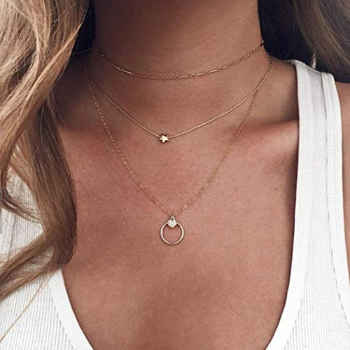 TseanYi Bohemian Layered Necklace Star Love Circle Pendant Choker Gold Chain Boho Multilayer Necklace Jewelry for Women and Girls