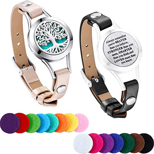 TOODOO 1 Pieces Essential Oil Diffuser Bracelet Aromatherapy Oil Bracelet Locket Bracelet with 2 Leather Bands and 15 Color Pads Girls Women Jewelry Gift Set Tree Root