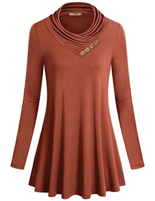 Long Sleeve Tunic Tops for WomenMiusey Junior Comfortable Button Cowl Neck Shirt Figure Flattering Fit and Flare Baggy Knit Elastic Pleated Chic Blouses A Line Flowy Hem Tunic Tops Rust XXXL