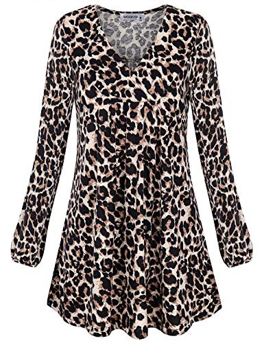 MOQIVGI Animal Print Tops for Women V Neck Long Sleeve Cheetah Shirts Pleated Flowy Ladies Boutique Fashion 2020 Cute Casual Flattering Leopard Blouse XLarge