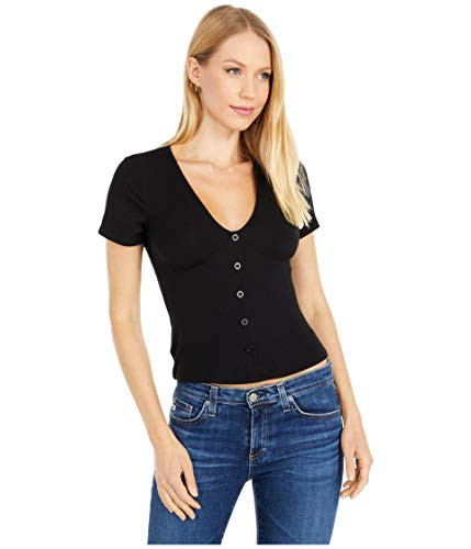 BCBGeneration Womens Short Sleeve Button Front Top Black MD US 68