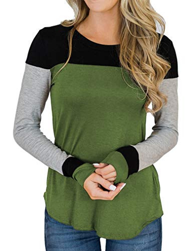 Tobrief Womens Casual Long Sleeve Shirts Round Neck Color Block Tunic Tops Blouses M Green