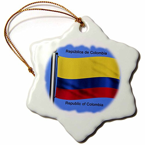 3dRose orn_51748_1 Colombian Flag Waving on a Flagpole on a Blue Background Republic of Colombia Snowflake Porcelain Ornament, 3-Inch