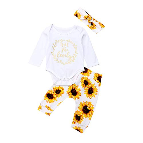 Newborn Infant Baby Girls Outfit Isnt She Lovely Romper Top  Sunflower Pants Headband Clothes Set White  Sunflower 612 Months