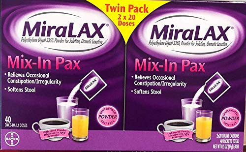 Bayer MiraLAX Osmotic Laxative Unflavored MixIn Pax 20 Doses each Value Pack of 2