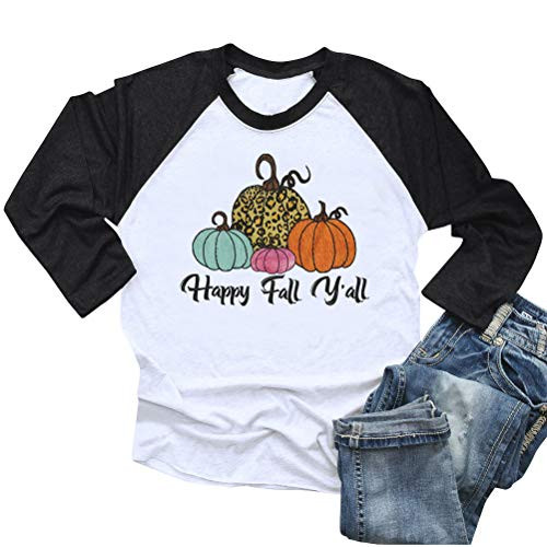 Happy Fall Yall Thanksgiving Shirts Women Funny Pumpkin Tee Casual 34 Sleeve Fall Raglan Tops Blouse WhiteBlack1 XL
