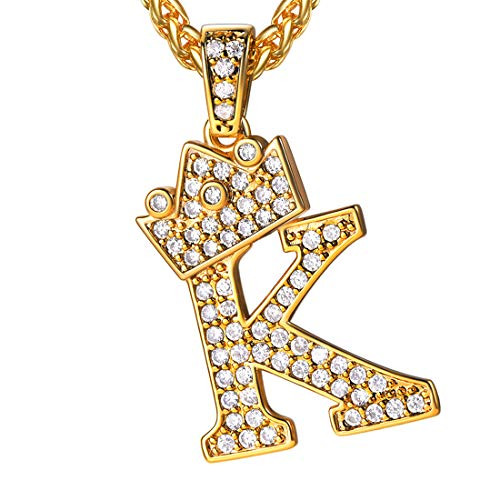 U7 Crown Initial K Necklace Women Mens Diamond CZ Tennis Monogram A to Z Pendant 18K Gold Plated Personalized Name Letter K Necklaces Chain 22 Inch