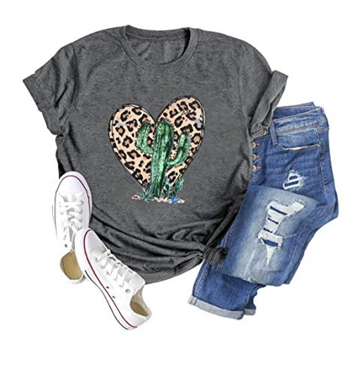 GEMLON Womens Cactus Vintage Leopard Print Graphic TShirts Casual Funny Short Sleeve Tee Tops Grey