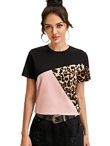 Floerns Womens Casual Leopard Short Sleeve Colorblock T Shirt Top Pink M