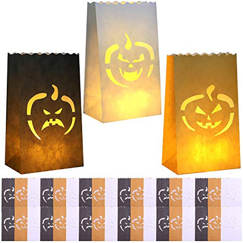 URATOT 36 Pieces Halloween Luminary Bags JackoLantern Bags Pumpkin Silhouette Paper Bags Flame Resistant Lantern Bags Luminary Candle Bags 3 Designs for Halloween Party Home