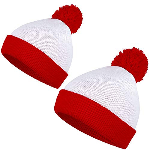 URATOT 2 Pack Red White Pom Pom Cuff Beanie Costume Hats Adults and Kids Sizes