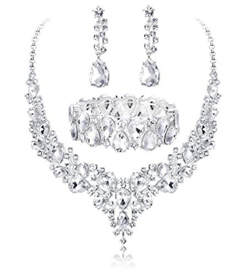 Udalyn Crystal Bridal Jewelry Sets for Women Necklace Earrings Bracelet Set for Wedding Rhinestone Bridesmaid Gifts fit with Wedding Dress